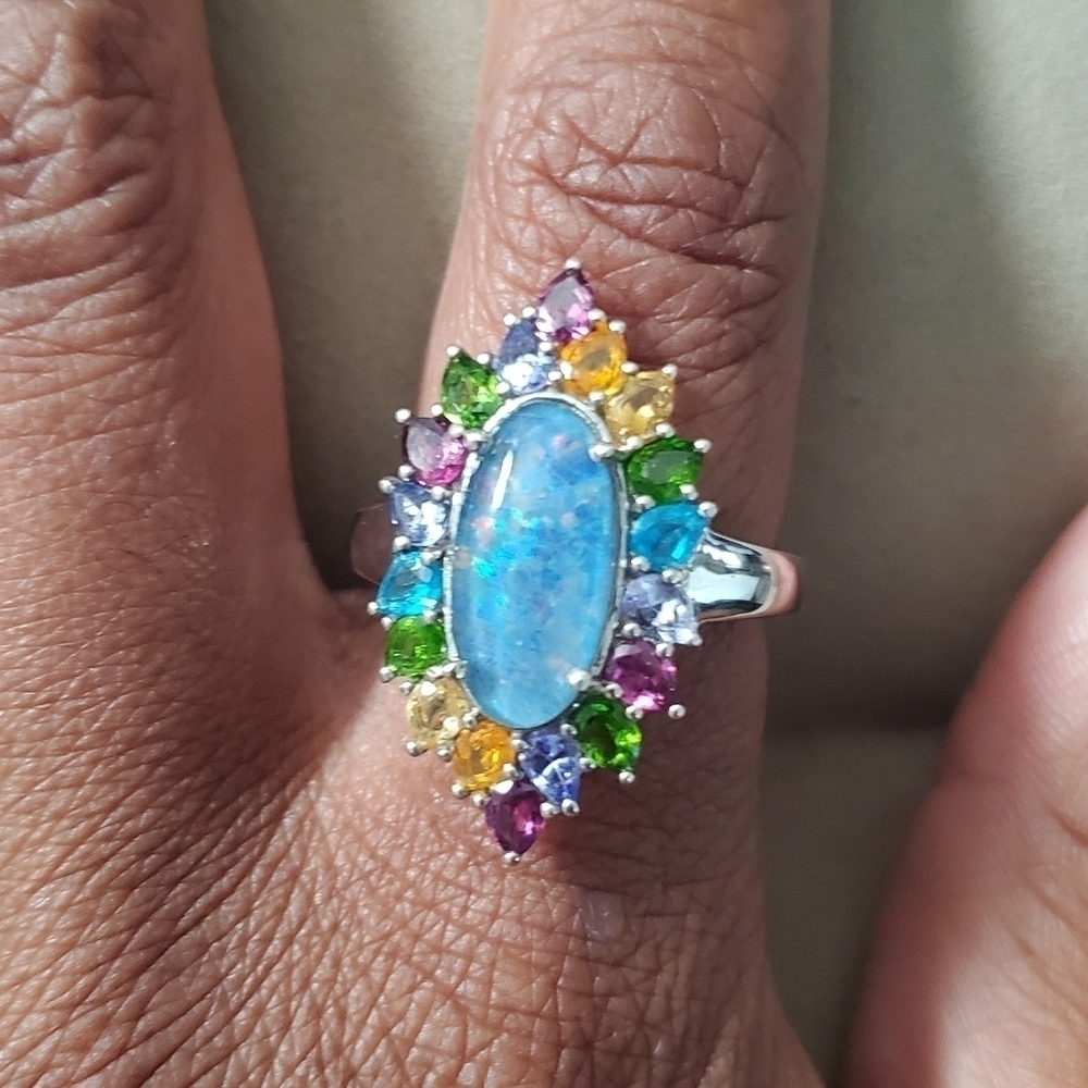 Australian Boulder Opal Multigemstone Ring Platinum Silver